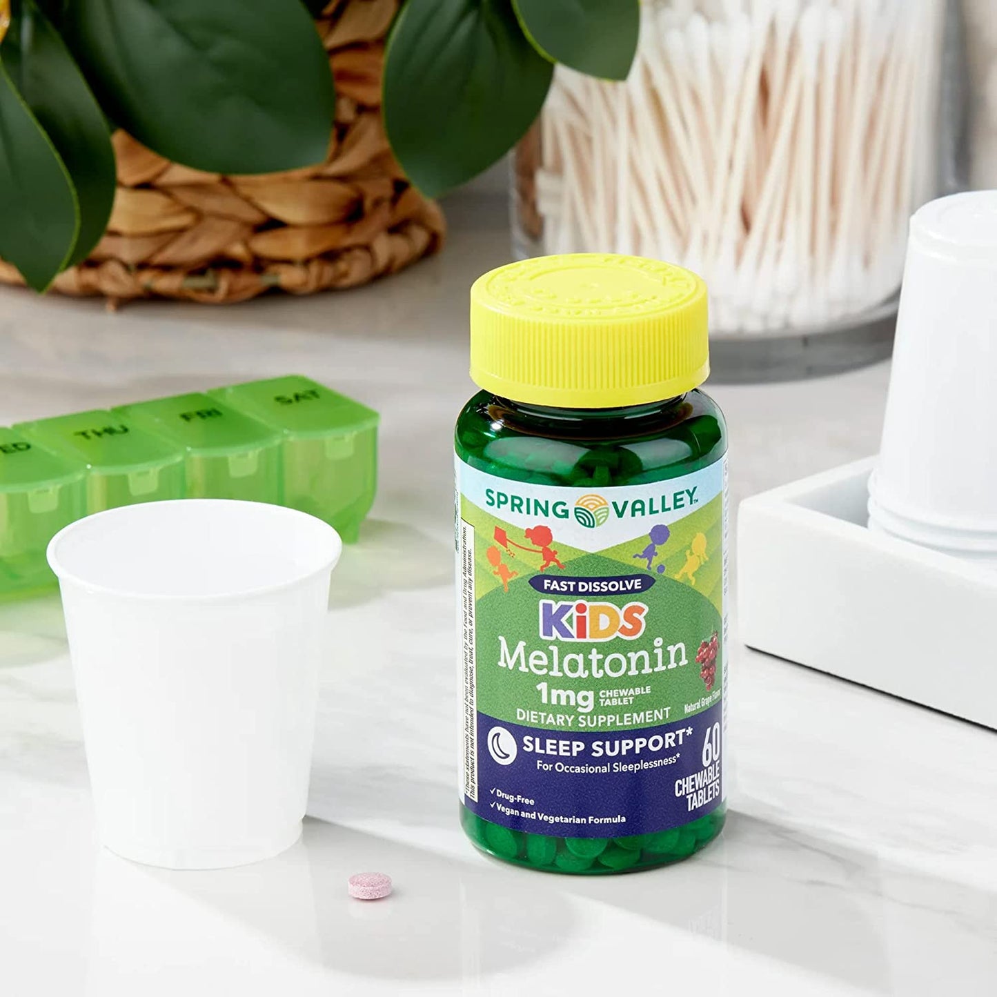 Kids Melatonin Chewable Tablets: 1Mg of Natural Sleep Support with Grape Flavor, 60 Count + Luall Sticker