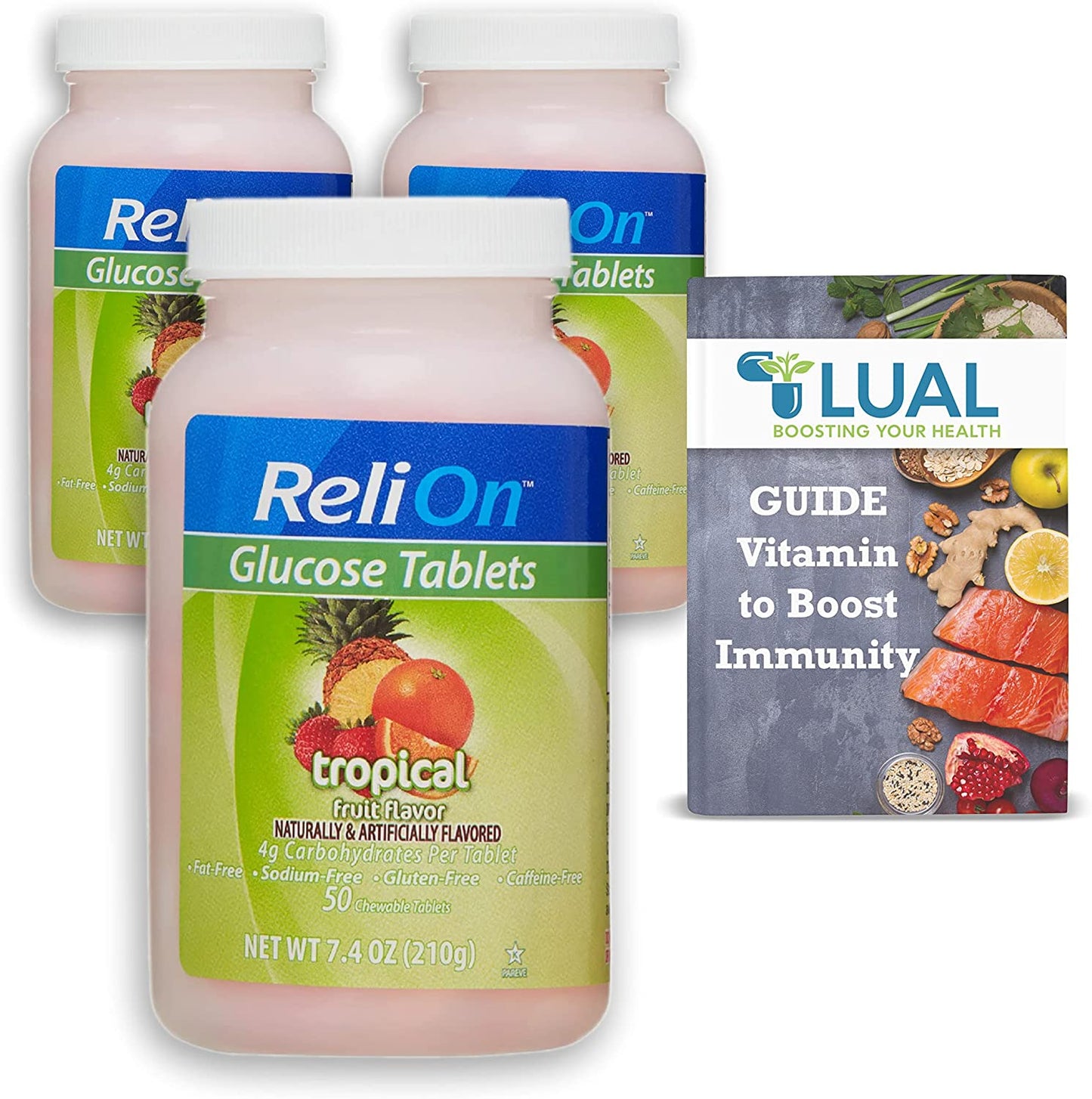 LUAL Fast-Acting Glucose Tablets for Low Blood Sugar Relief. Includes Guide Vitamin to Boost Immunity + Glucose Tablets 50 Count (Tropical)