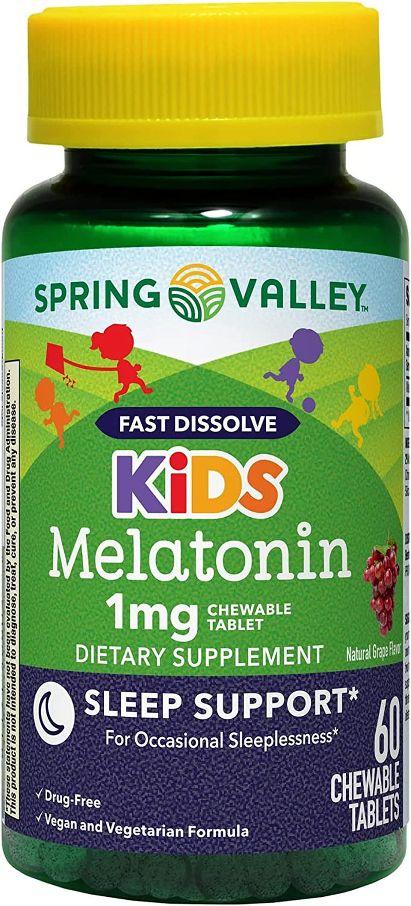 Kids Melatonin Chewable Tablets: 1Mg of Natural Sleep Support with Grape Flavor, 60 Count + Luall Sticker