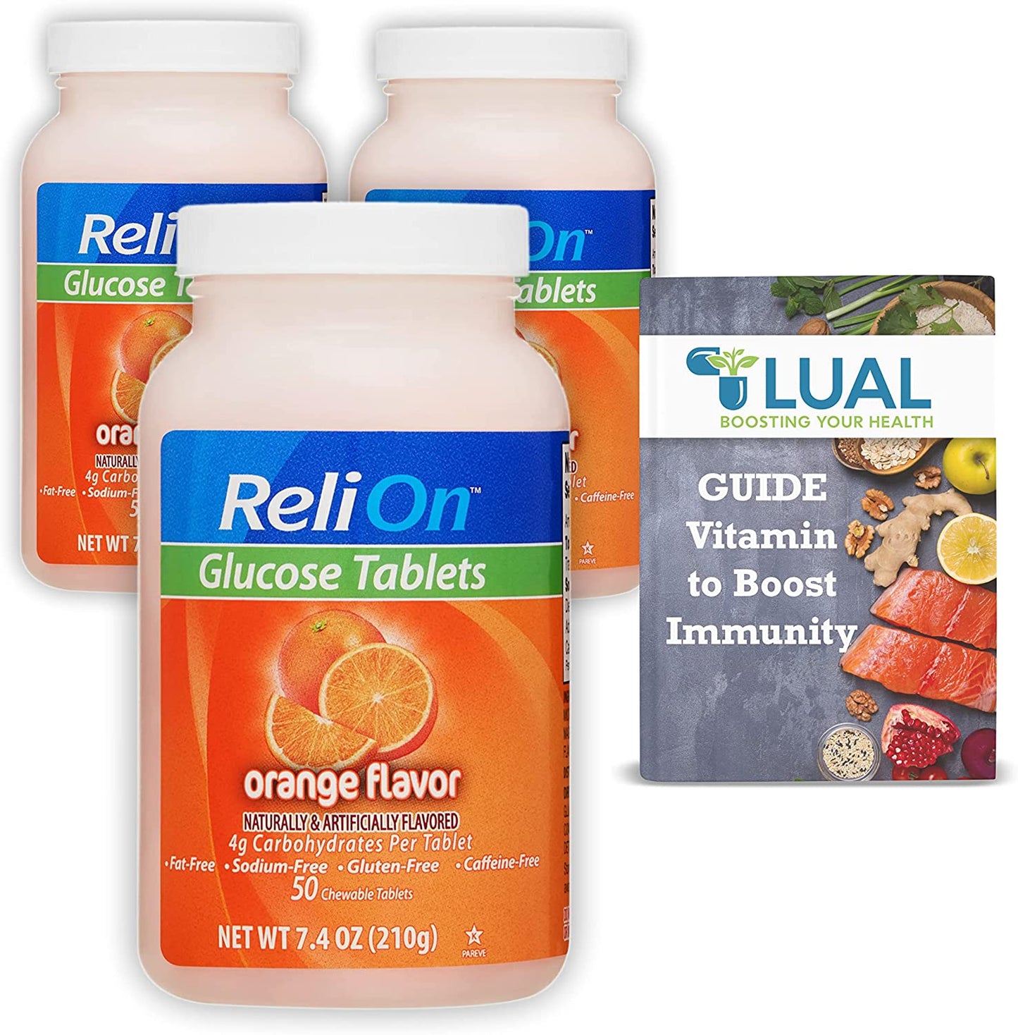 LUAL Fast-Acting Glucose Tablets for Low Blood Sugar Relief. Includes Guide Vitamin to Boost Immunity + Glucose Tablets 50 Count (Orange)