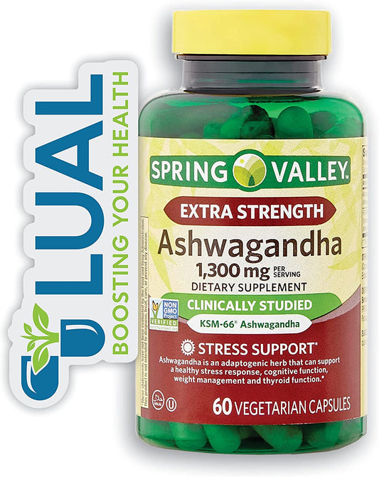 Ashwagandha Veggie Capsules for Stress & Health Support. Includes Luall Fridge Magnet + Spring Valley Extra Strength Ashwagandha 1300mg 60 Vegetarian Capsules (Extra Strength Ashwagandha 1300 mg)