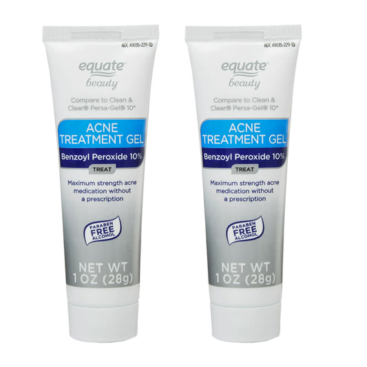 2-Pack Equate 10% Benzoyl Peroxide Acne Treatment Gel + LUAL Sticker - Skincare Combo for a More Radiant Appearance