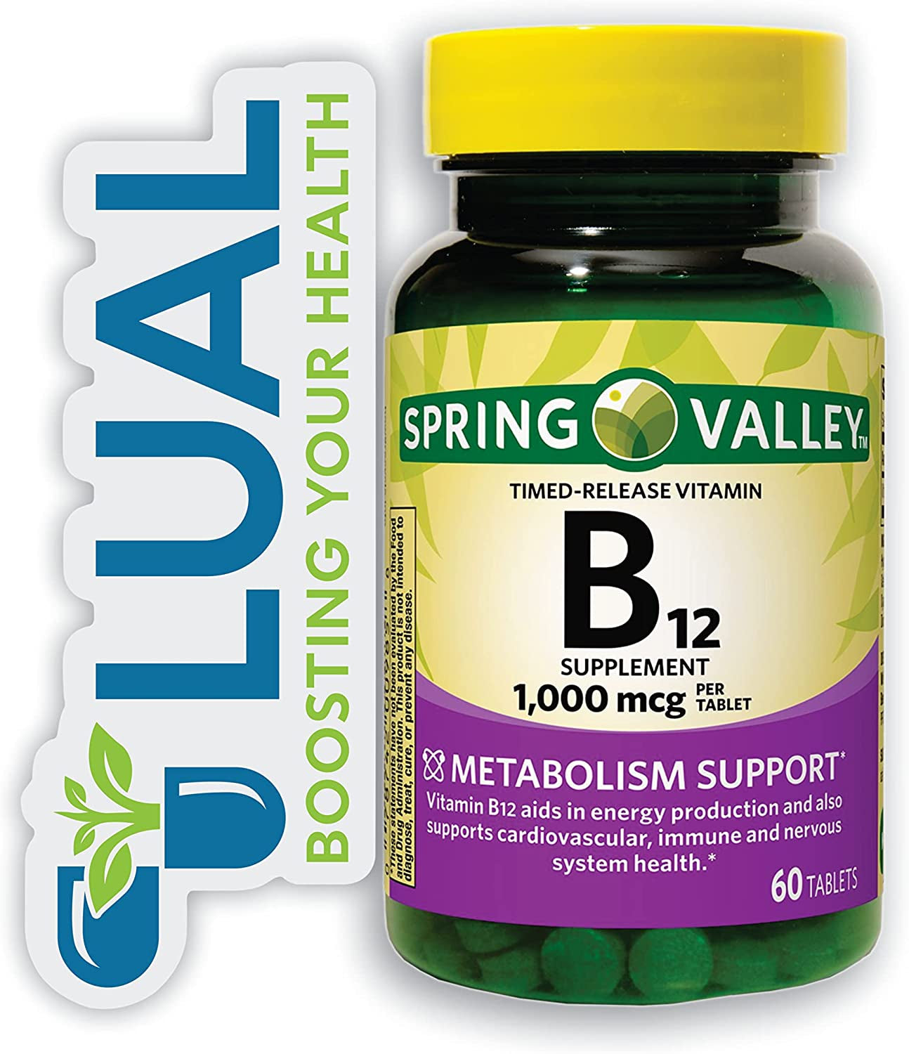 Vitamin B12, Supports Energy Metabolism. Includes Luall Sticker +  Vitamin B12 Timed-Release Tablets Dietary Supplement (1,000 Mcg, 60 Tablets)