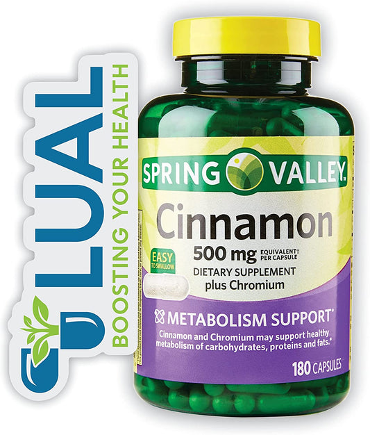 Spring Valey Cinnamon plus Chromium Capsules Dietary Supplement, 500 Mg, 180 Count Bundle with Luall Sticker