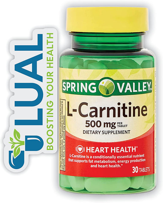 L-Carnitine 500Mg for Heart Health - 30 Tablets Supplement, Gluten-Free & No Artificial Flavors plus a Luall Sticker