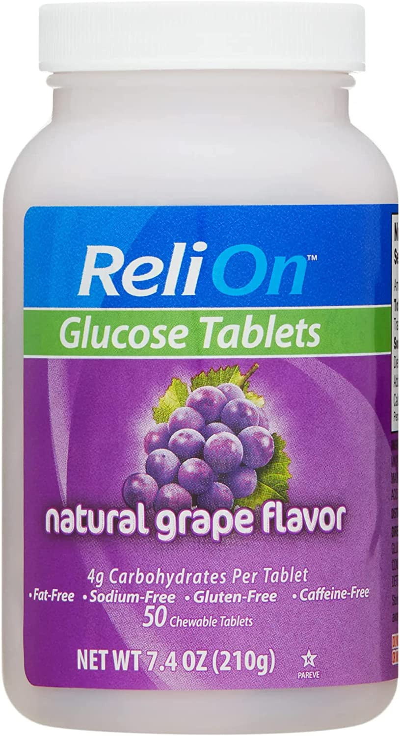 Relion Tropical Fruit Glucose Tablets Bundle - 50 Count Bottle and 10 Count Travel Tube - Energy Boost for Diabetes Care + l Sticker (Grape)