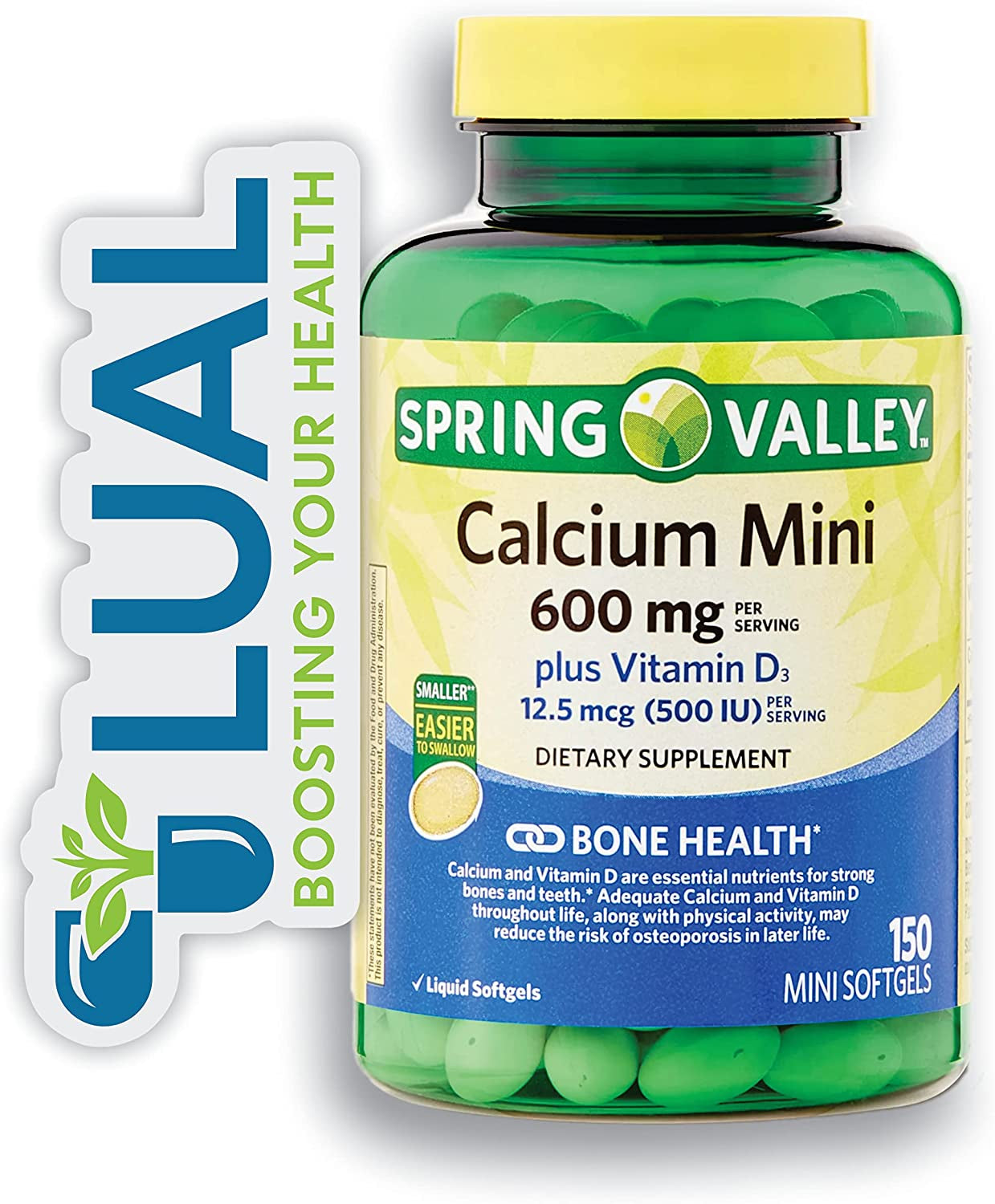 Support Bone Health with Spring Valey Calcium plus Vitamin D3 Supplement, 150 Mini Softgels. Includes Luall Sticker