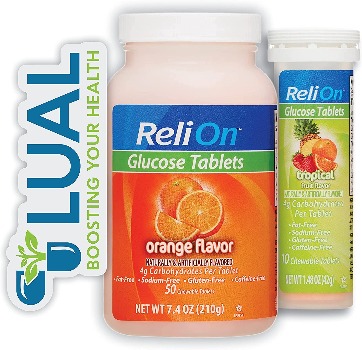 Relion Tropical Fruit Glucose Tablets Bundle - 50 Count Bottle and 10 Count Travel Tube - Energy Boost for Diabetes Care + l Sticker (Orange)