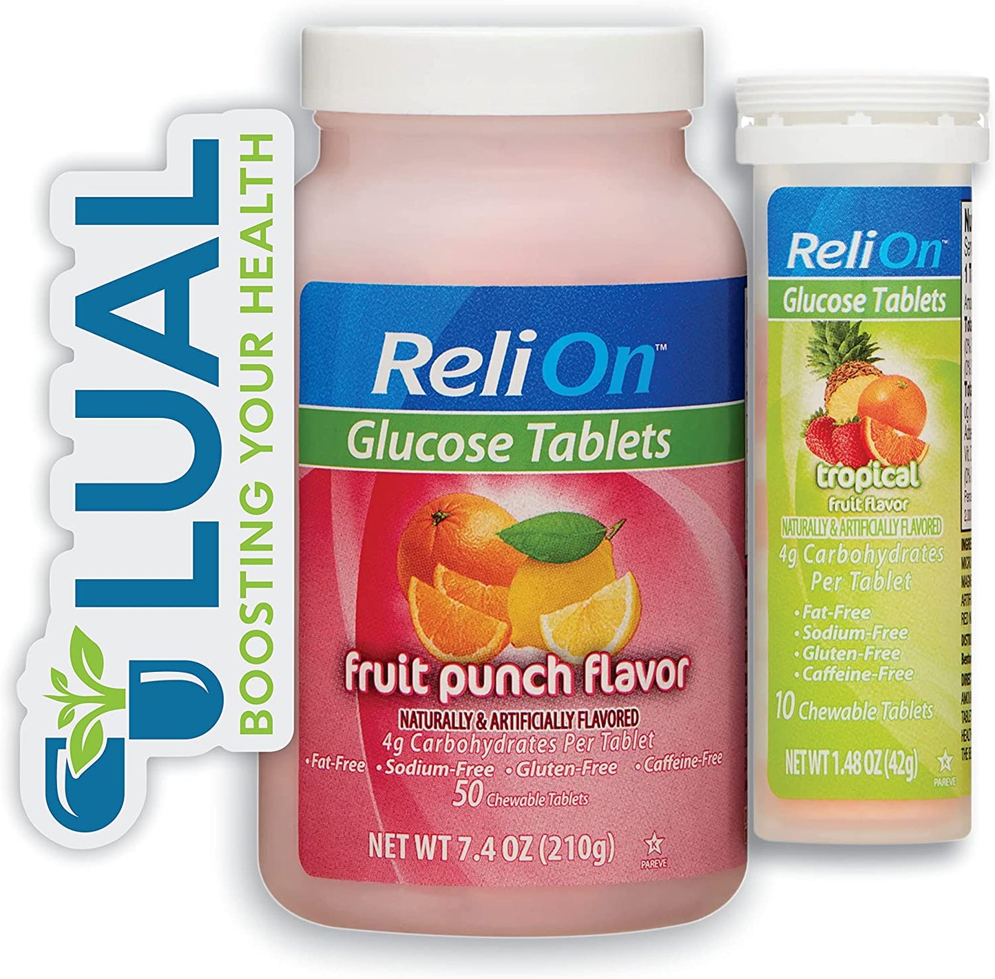 Relion Tropical Fruit Glucose Tablets Bundle - 50 Count Bottle and 10 Count Travel Tube - Energy Boost for Diabetes Care + l Sticker (Fruit Punch)