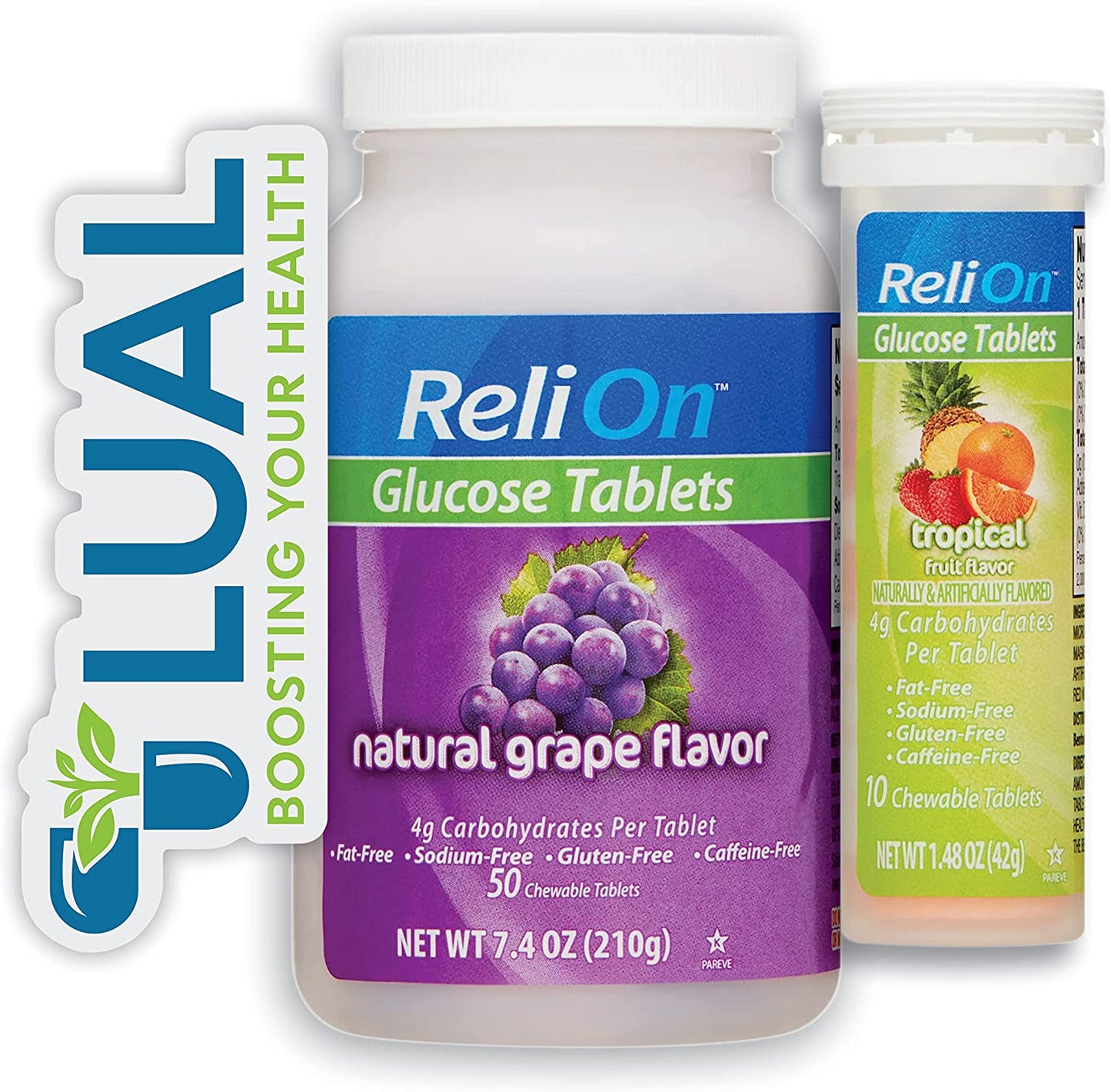 Relion Tropical Fruit Glucose Tablets Bundle - 50 Count Bottle and 10 Count Travel Tube - Energy Boost for Diabetes Care + l Sticker (Grape)