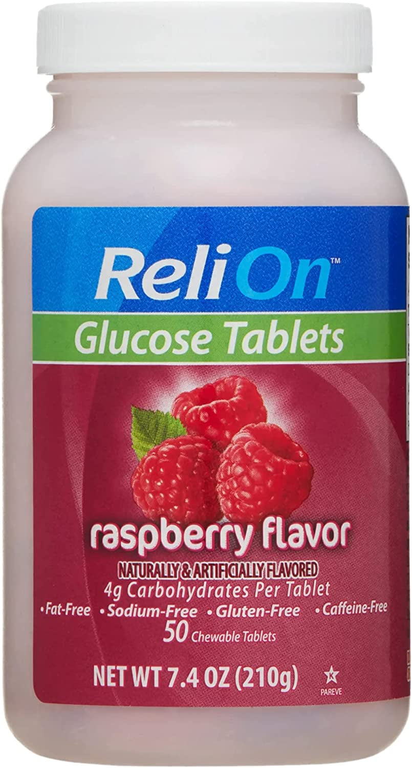 Relion Tropical Fruit Glucose Tablets Bundle - 50 Count Bottle and 10 Count Travel Tube - Energy Boost for Diabetes Care + l Sticker (Raspberry)