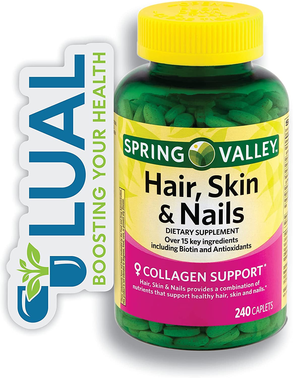 Support Healthy Hair, Skin, and Nails with  Supplement. Includes Luall Fridge Magnetic (Hair, Skin & Nails 240 Caplets)