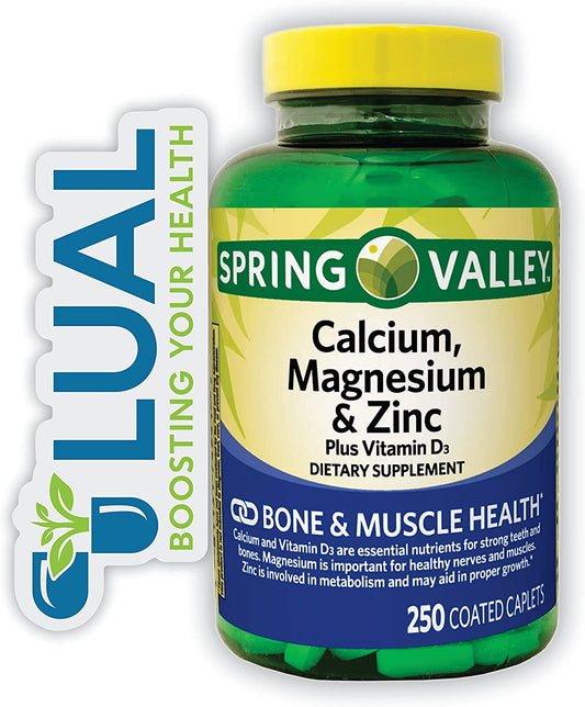 Calcium, Magnesium, Zinc & Vitamin D3. Includes Luall Fridge Magnetic +  Calcium, Magnesium & Zinc plus Vitamin D3 Caplets Dietary Supplement, 250 Count