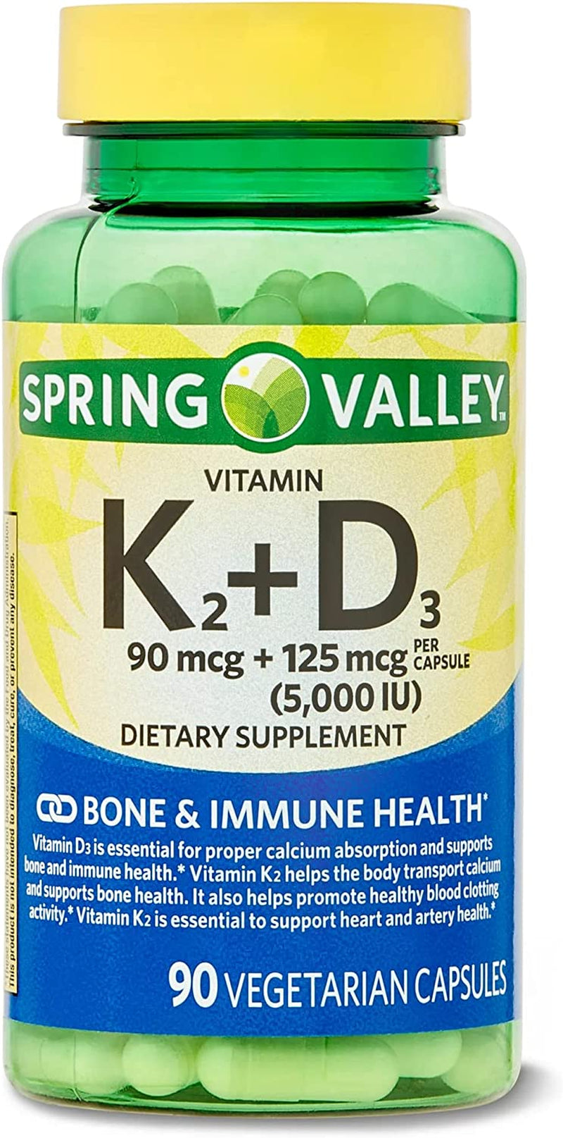 K2 + D3 for Bone & Immune Health. Includes Luall Sticker +  Vitamin K2 (90Mcg) + D3 (125Mcg) 90 Vegetarian Capsules