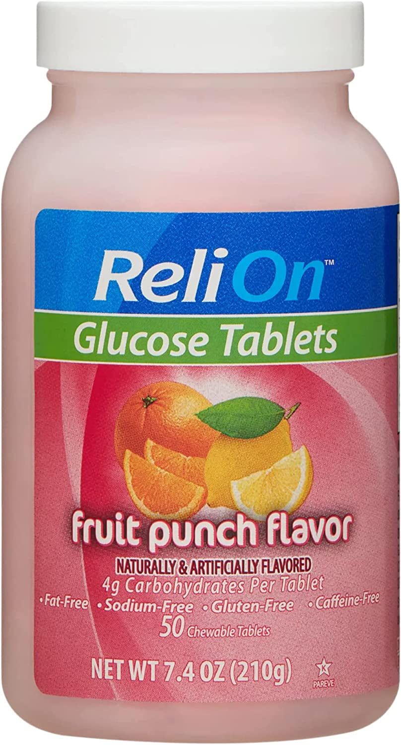 Relion Tropical Fruit Glucose Tablets Bundle - 50 Count Bottle and 10 Count Travel Tube - Energy Boost for Diabetes Care + l Sticker (Fruit Punch)