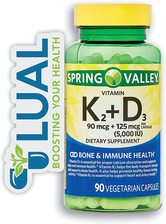 K2 + D3 for Bone & Immune Health. Includes Luall Sticker +  Vitamin K2 (90Mcg) + D3 (125Mcg) 90 Vegetarian Capsules