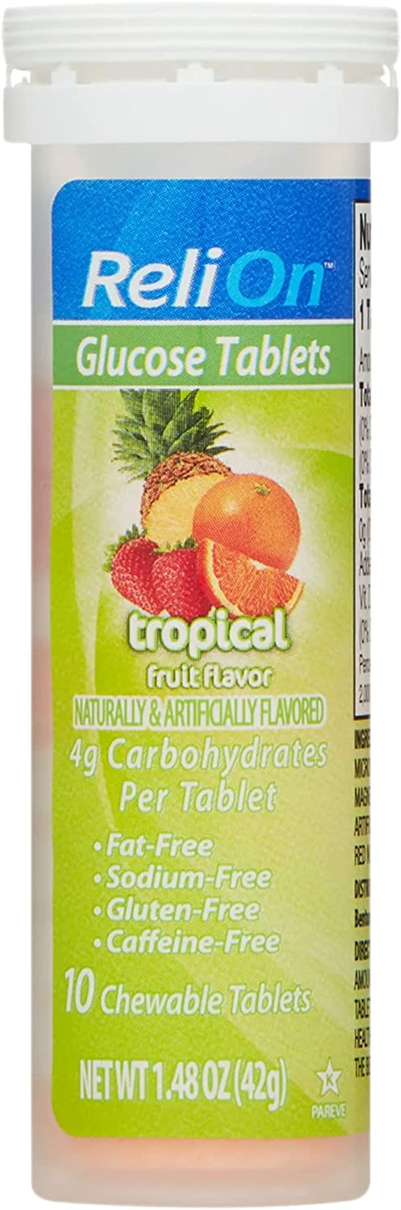 Relion Tropical Fruit Glucose Tablets Bundle - 50 Count Bottle and 10 Count Travel Tube - Energy Boost for Diabetes Care + l Sticker (Tropical)