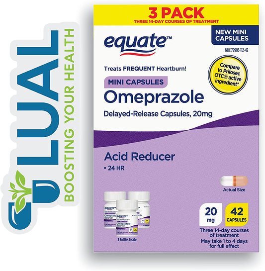 Omeprazole Mini Capsules 20 Mg, Acid Reducer, 42 Count + Luall Sticker