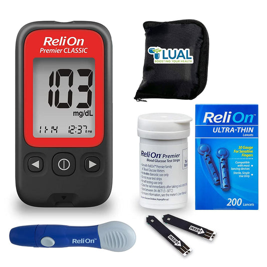 Blood Glucose Monitor Kit - Diabetes Testing Kit. Includes Relion Premier CLASSIC Blood Glucose Monitoring System, 25 Blood Glucose Test Strips, 1 Lancing Device, 200 Count Ultra-Thin Lancets, Travel Case for Blood Glucose Meter plus l Fridge Magnet