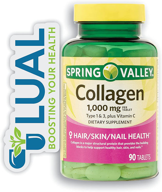 Improve Your Skin Elasticity and Joint Health with  Collagen Type 1 & 3 + Vitamin C Dietary Supplement - 1,000Mg Tablets, 90 Count. Includes Luall Sticker