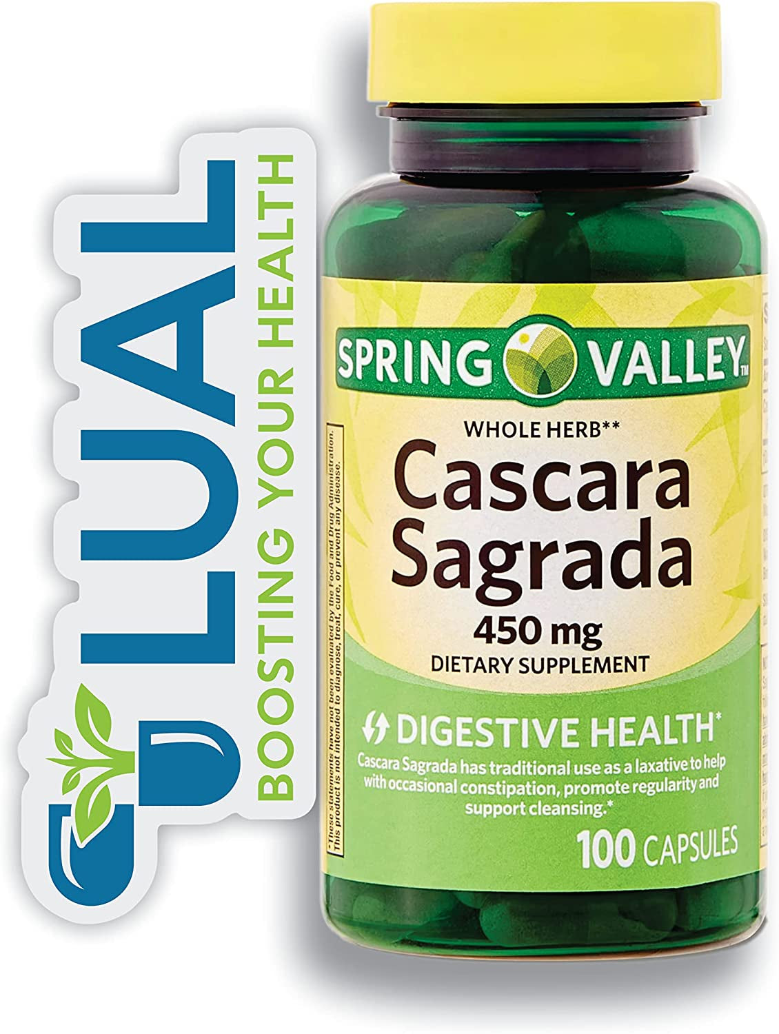 Natural Digestive Aid:  Cascara Sagrada Herbal Supplement - 100 Count + Luall Sticker