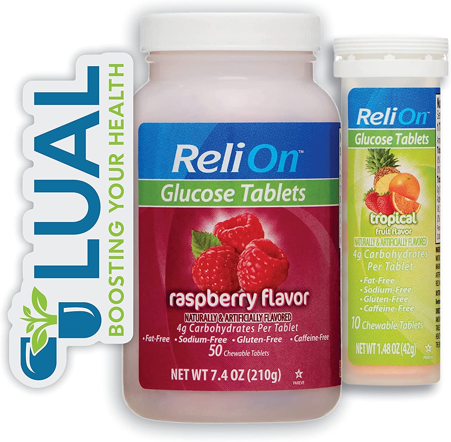 Relion Tropical Fruit Glucose Tablets Bundle - 50 Count Bottle and 10 Count Travel Tube - Energy Boost for Diabetes Care + l Sticker (Raspberry)