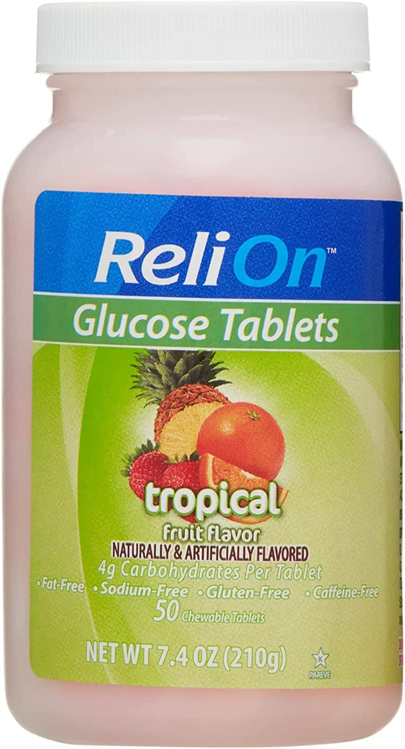 Relion Tropical Fruit Glucose Tablets Bundle - 50 Count Bottle and 10 Count Travel Tube - Energy Boost for Diabetes Care + l Sticker (Tropical)