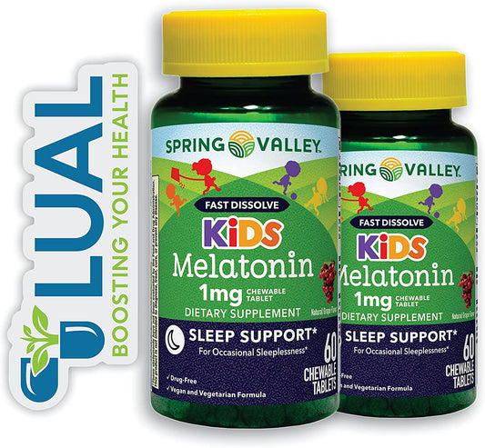 Kids Melatonin Chewable Tablets: 1Mg of Natural Sleep Support with Grape Flavor, 60 Count + Luall Sticker