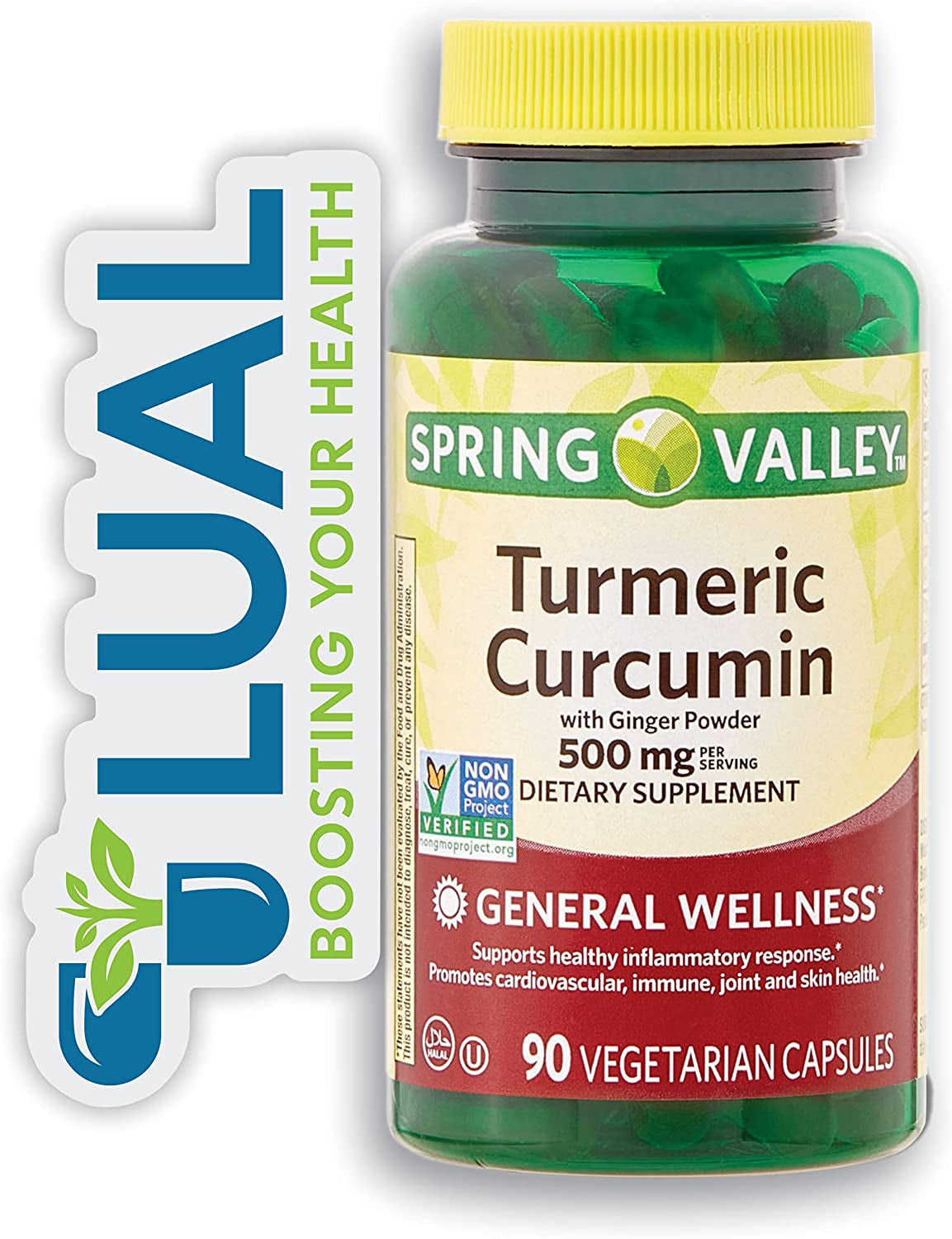 Spring Valley Turmeric Curcumin with Ginger Powder Dietary Supplement + Luall Sticker (Turmeric Curcumin with Ginger Powder 500 Mg, 90 Capsules)