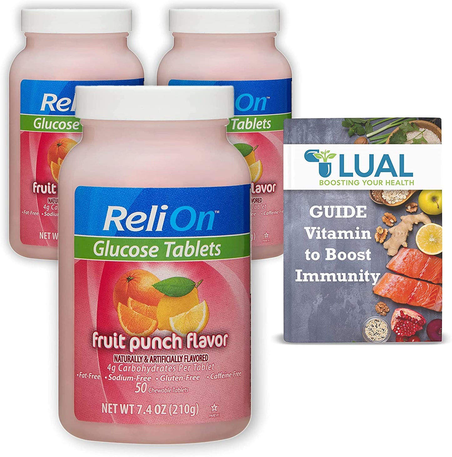 LUAL Fast-Acting  Glucose Tablets for Low Blood Sugar Relief. Includes Guide Vitamin to Boost Immunity +  Glucose Tablets 50 Count (Fruit Punch)