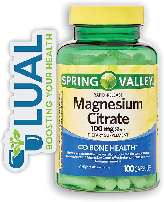 Magnesium Citrate for Bone Health. Includes Luall Sticker +  Rapid-Release Magnesium Citrate Dietary Supplement, 100 Mg, 100 Capsules