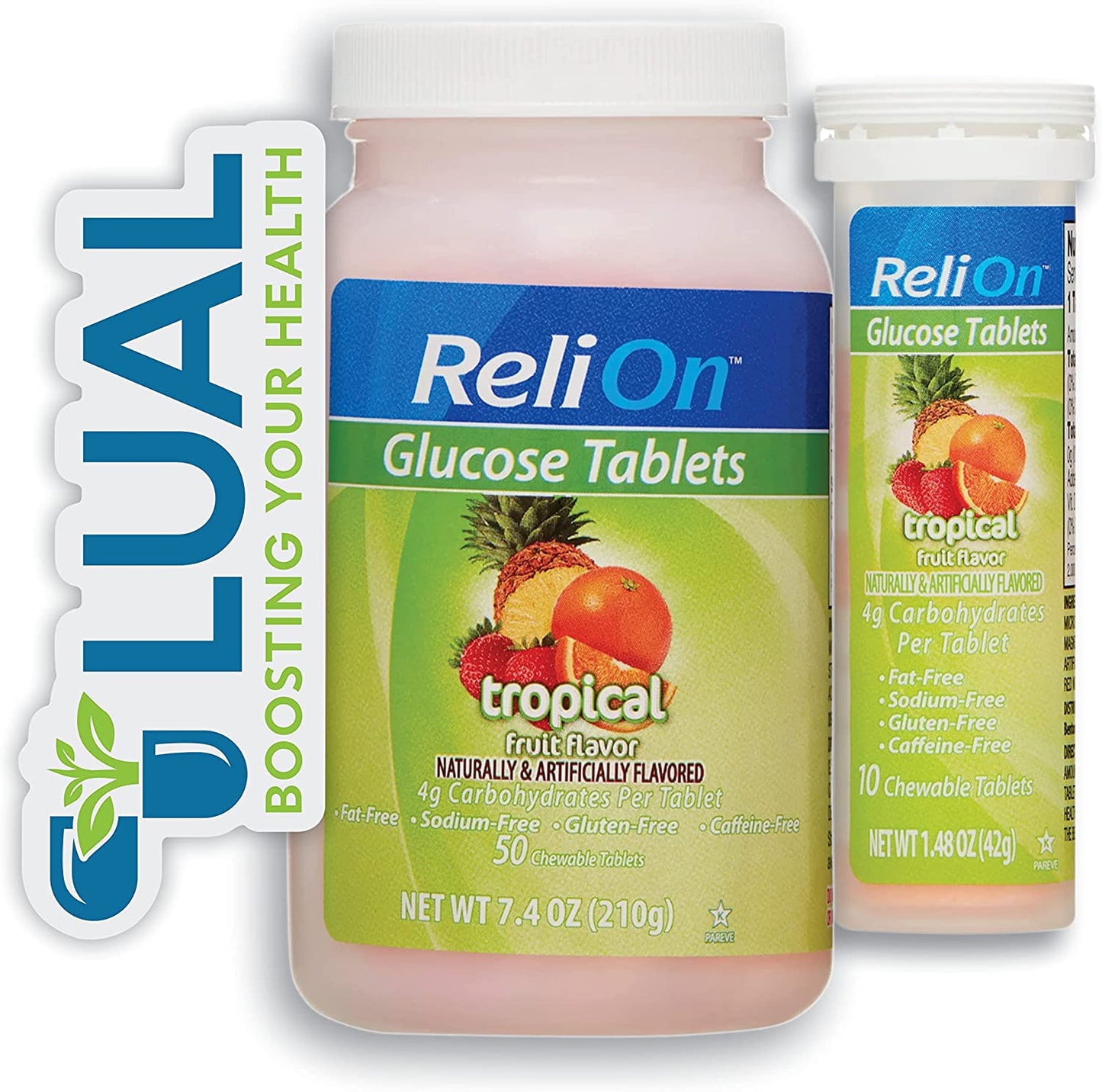 Relion Tropical Fruit Glucose Tablets Bundle - 50 Count Bottle and 10 Count Travel Tube - Energy Boost for Diabetes Care + l Sticker (Tropical)