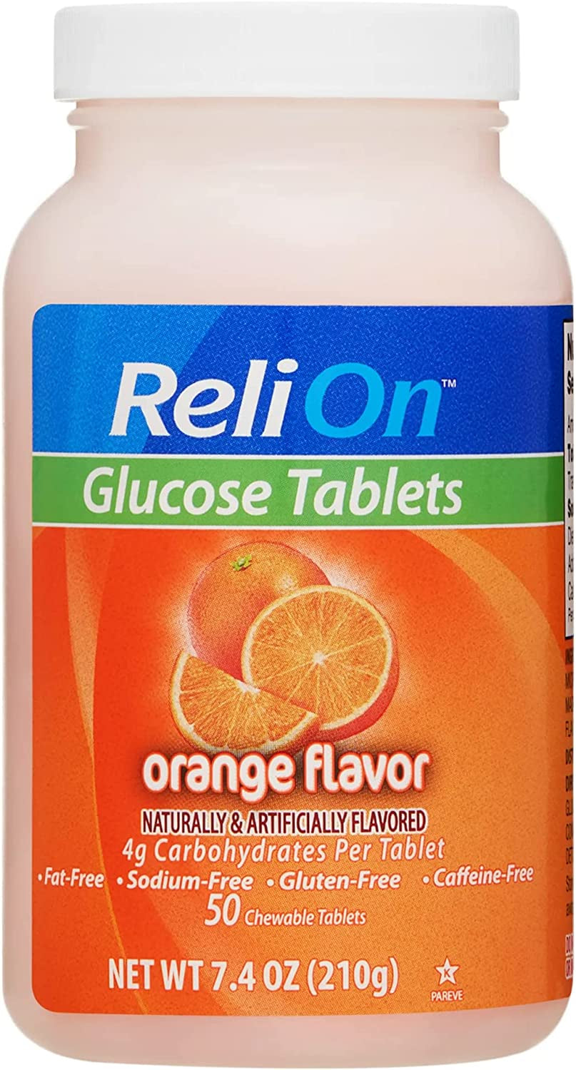 Relion Tropical Fruit Glucose Tablets Bundle - 50 Count Bottle and 10 Count Travel Tube - Energy Boost for Diabetes Care + l Sticker (Orange)