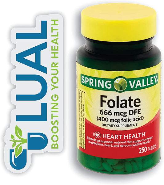 Folate 666 Mcg DFE (400 Mg Folic Acid) Essential B Vitamin for Heart Health, Energy Metabolism, and Prenatal Support - 250 Count plus a Luall Sticker