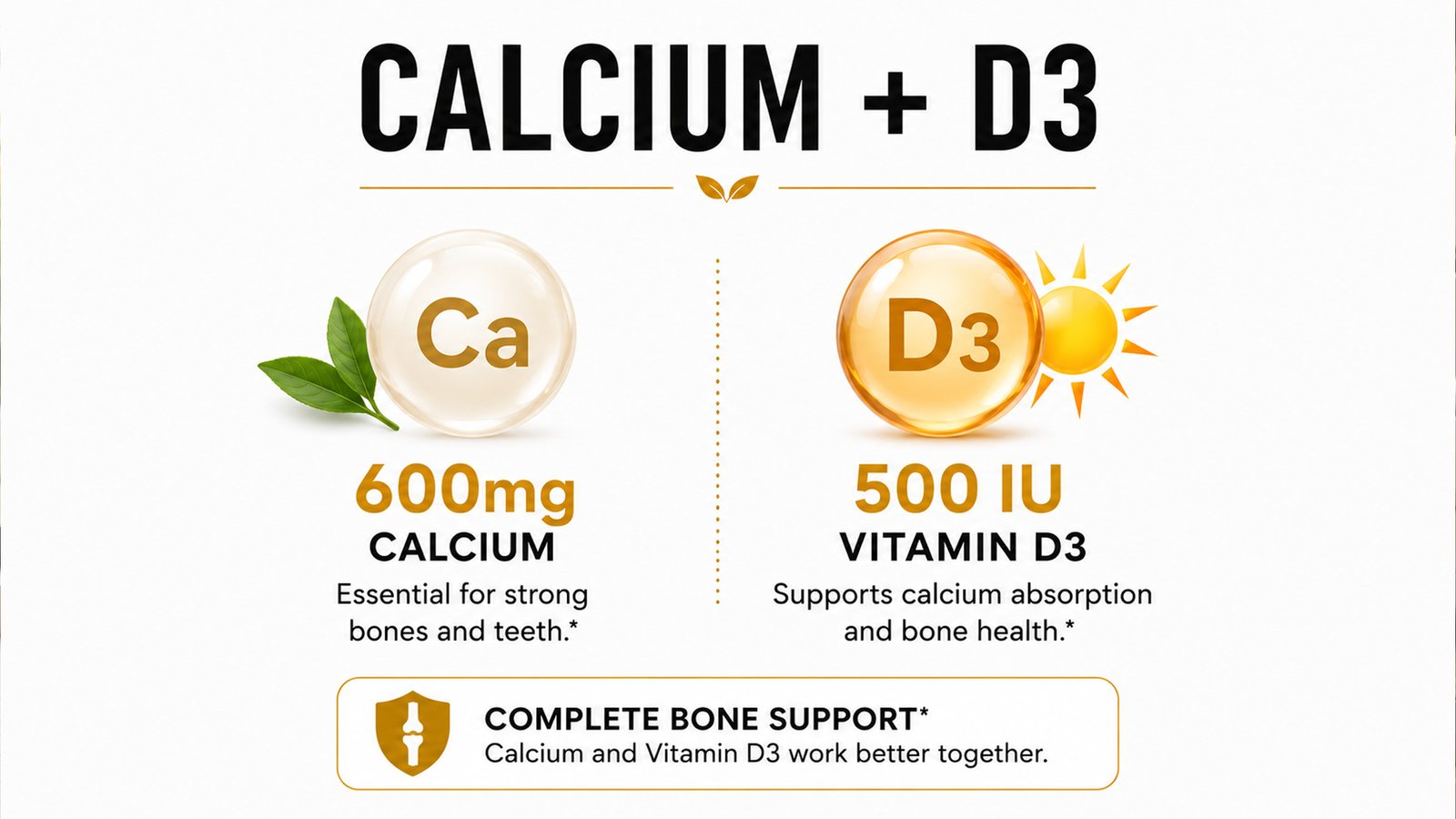 Calcium 600 mg with Vitamin D3 by LUAL showing 600 mg calcium, 500 IU vitamin D3 and complete bone support for healthy bones and calcium absorption.