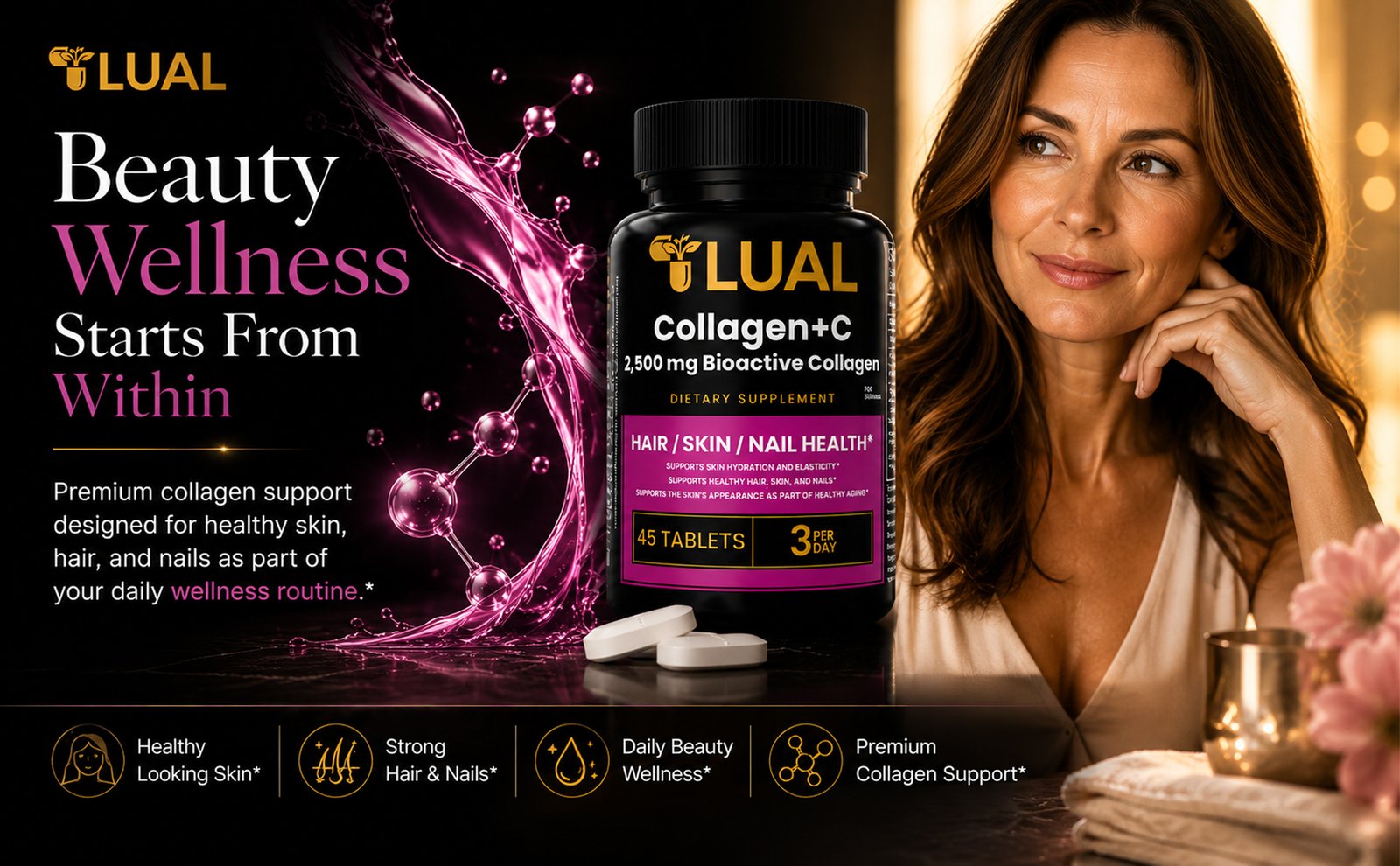Collagen Supplements by LUAL featuring 2500mg Bioactive Collagen and Vitamin C for healthy skin hair nails and daily beauty wellness