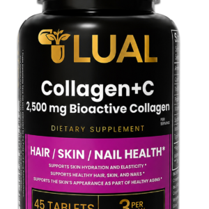 LUAL Collagen + Vitamin C 2500mg Bioactive Collagen supplement with Verisol collagen peptides for healthy hair, skin, nails, hydration, elasticity, and beauty support.