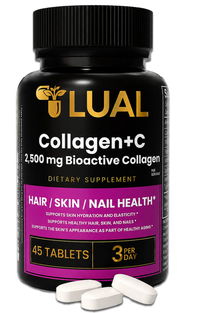 LUAL Collagen + Vitamin C 2500mg Bioactive Collagen supplement with Verisol collagen peptides for healthy hair, skin, nails, hydration, elasticity, and beauty support.