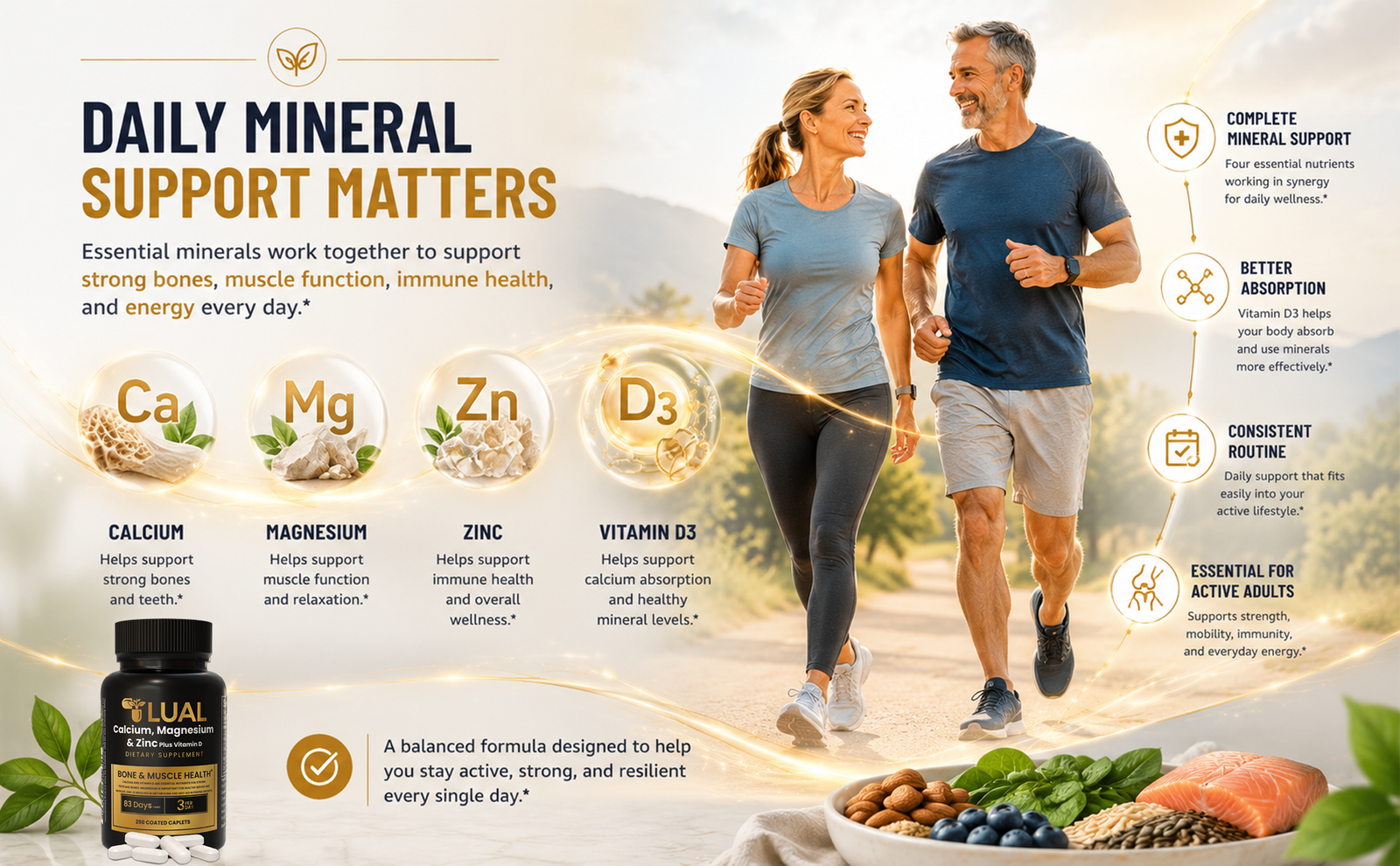 Calcium Magnesium Zinc with Vitamin D3 supplement supporting bone health muscle function immune wellness and active lifestyles