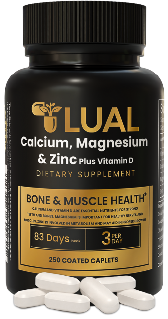 LUAL Calcium Magnesium Zinc with Vitamin D3 250 Caplets bottle for daily bone, muscle and immune support