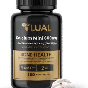 Calcium Supplements by LUAL featuring 600mg Calcium with Vitamin D3 in 150 easy to swallow mini softgels for daily bone health support