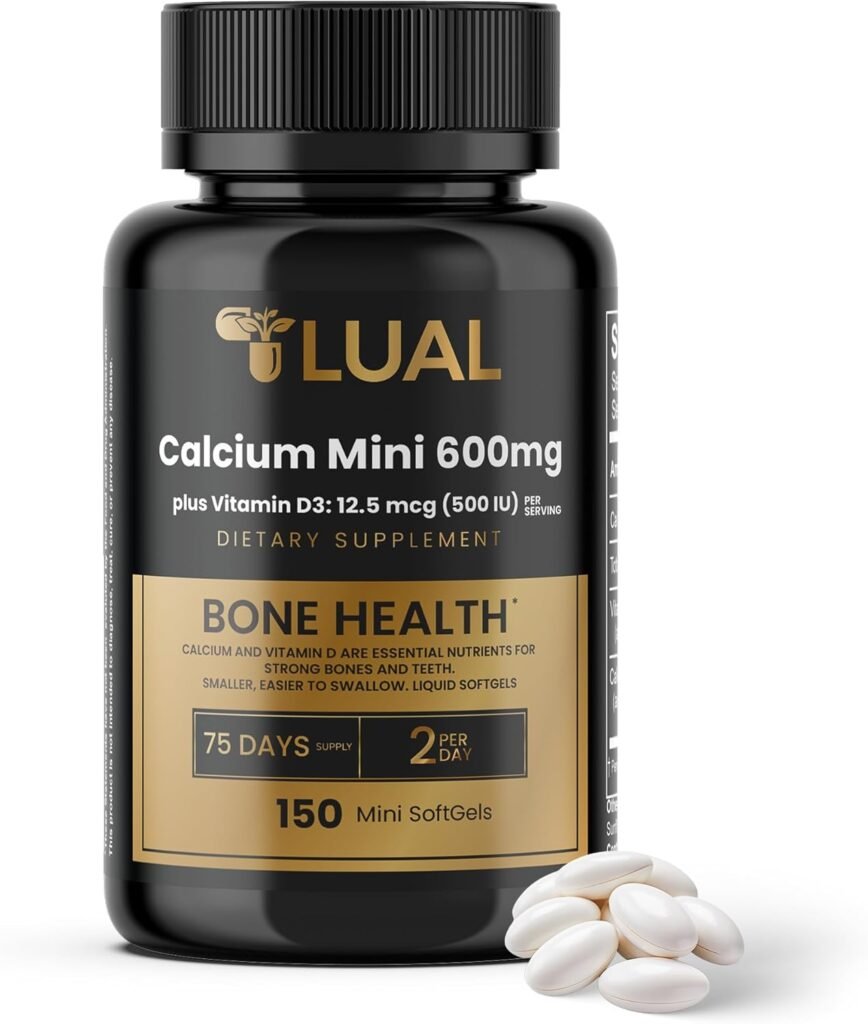 Calcium Supplements by LUAL featuring 600mg Calcium with Vitamin D3 in 150 easy to swallow mini softgels for daily bone health support
