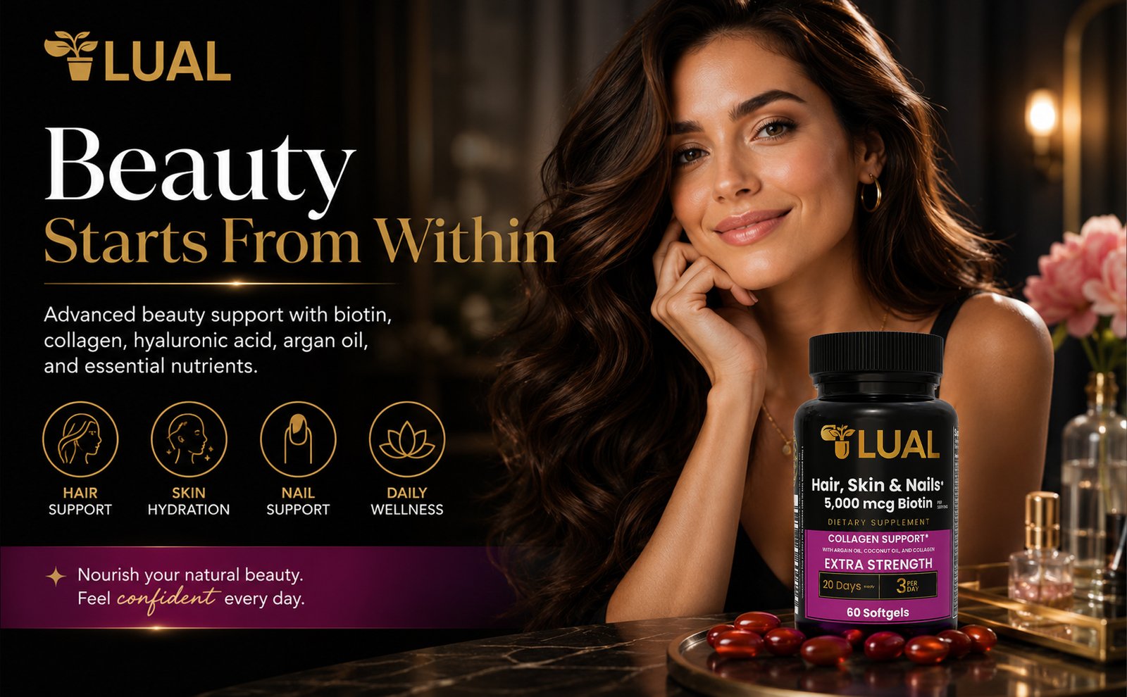 LUAL Hair Skin and Nails 5000 mcg Biotin softgels with collagen, hyaluronic acid, argan oil and coconut oil to support healthy-looking hair, skin hydration, nail strength and daily beauty wellness.