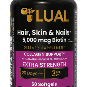 Hair Skin and Nails Vitamins by LUAL featuring 5000 mcg biotin, collagen, hyaluronic acid and beauty support softgels for women.