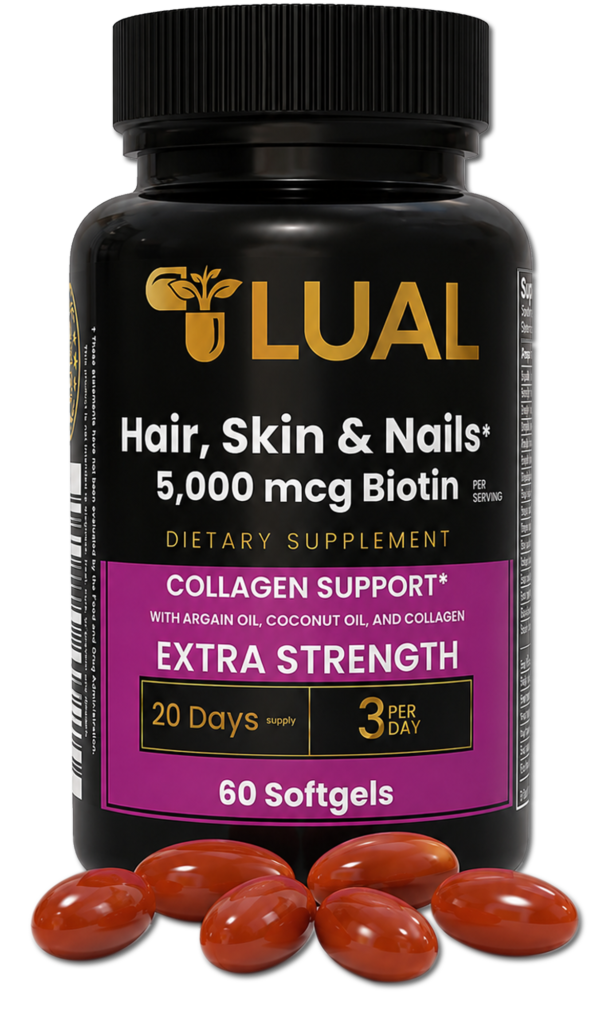 Hair Skin and Nails Vitamins by LUAL featuring 5000 mcg biotin, collagen, hyaluronic acid and beauty support softgels for women.