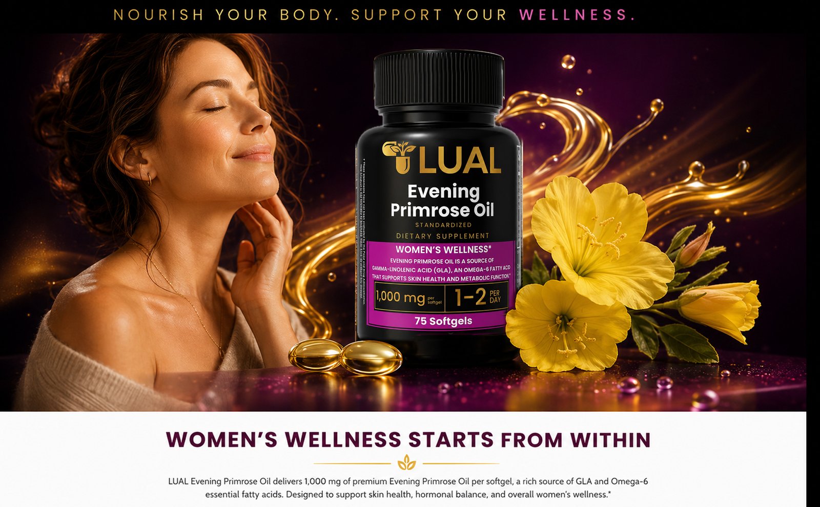 Evening Primrose Oil 1000mg with GLA for Women's Wellness, Skin Health and Omega-6 Daily Support