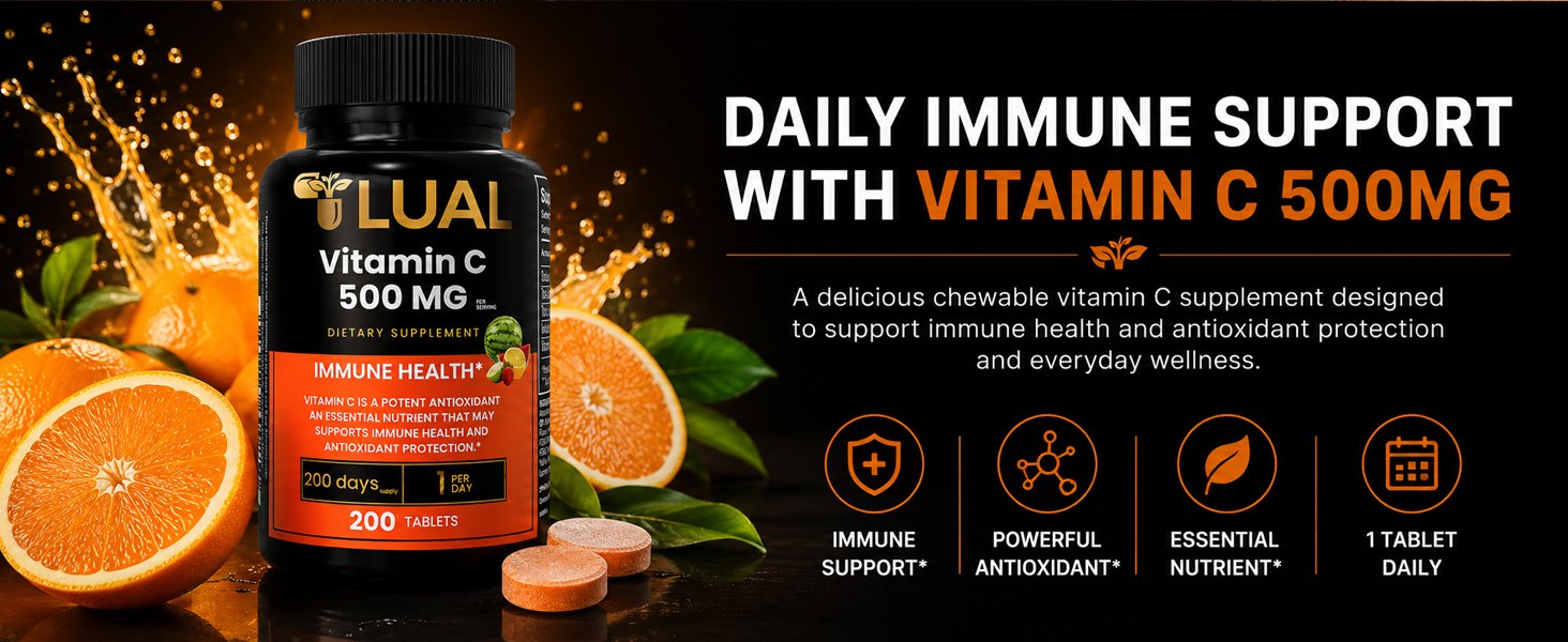 Vitamin C 500mg chewable tablets by LUAL providing daily immune support, antioxidant protection, tropical fruit flavor, and 200 chewable tablets for everyday wellness.