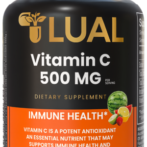 LUAL Vitamin C 500mg chewable tablets with tropical fruit flavor for immune support and antioxidant protection, 200 tablets.