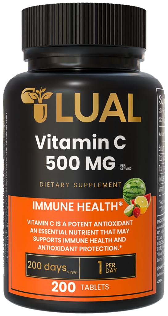 LUAL Vitamin C 500mg chewable tablets with tropical fruit flavor for immune support and antioxidant protection, 200 tablets.