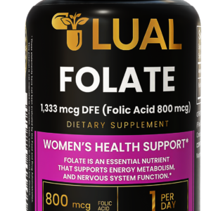 LUAL Folate 1,333 mcg DFE (800 mcg Folic Acid) women's wellness supplement bottle with 200 tablets for daily folate support, energy metabolism and nervous system function.